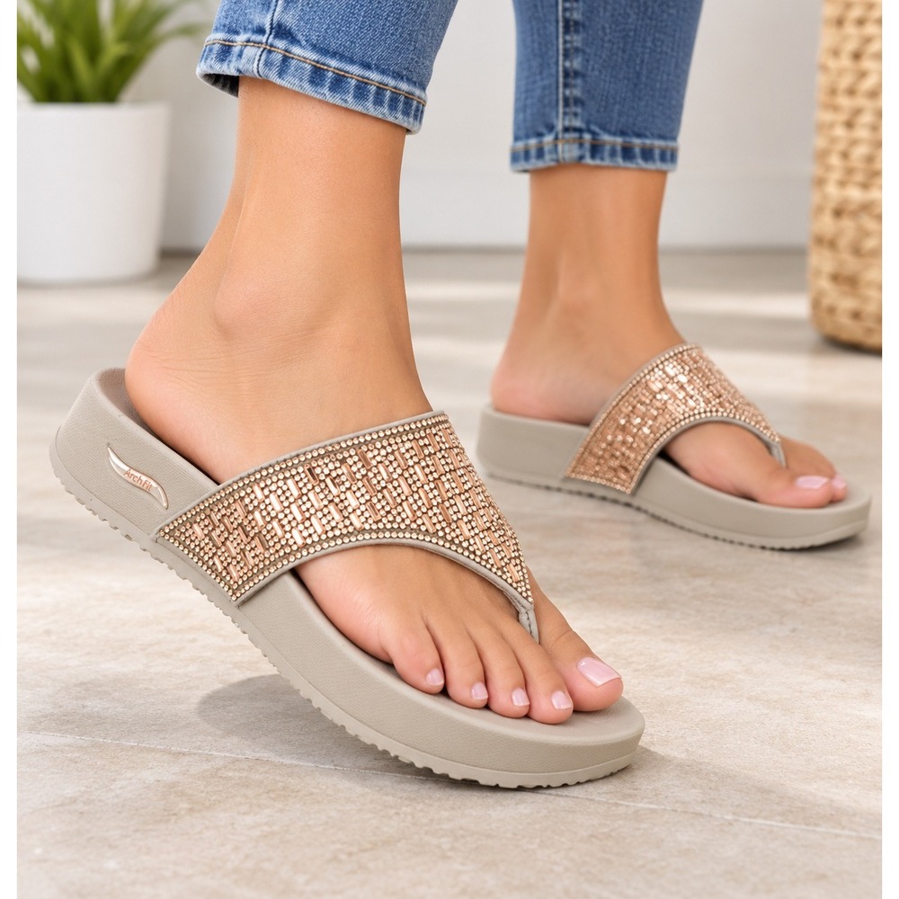 Skechers Arch Fit Sunshine Luxe Lady Taupe Rhinestone Sandals 119434 Womens 7